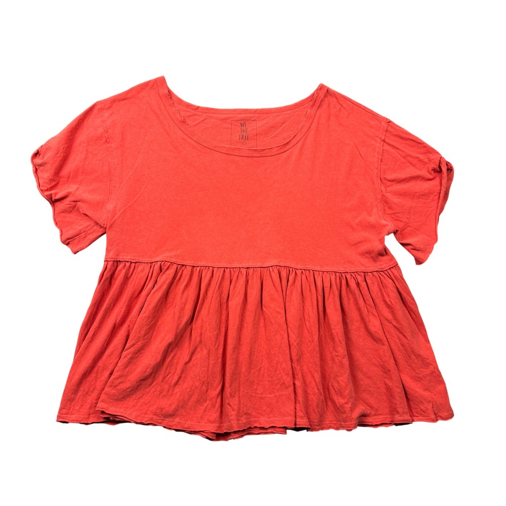 Free People We The Free Red Orange Babydoll Peplum Short Sleeve Top Women Large